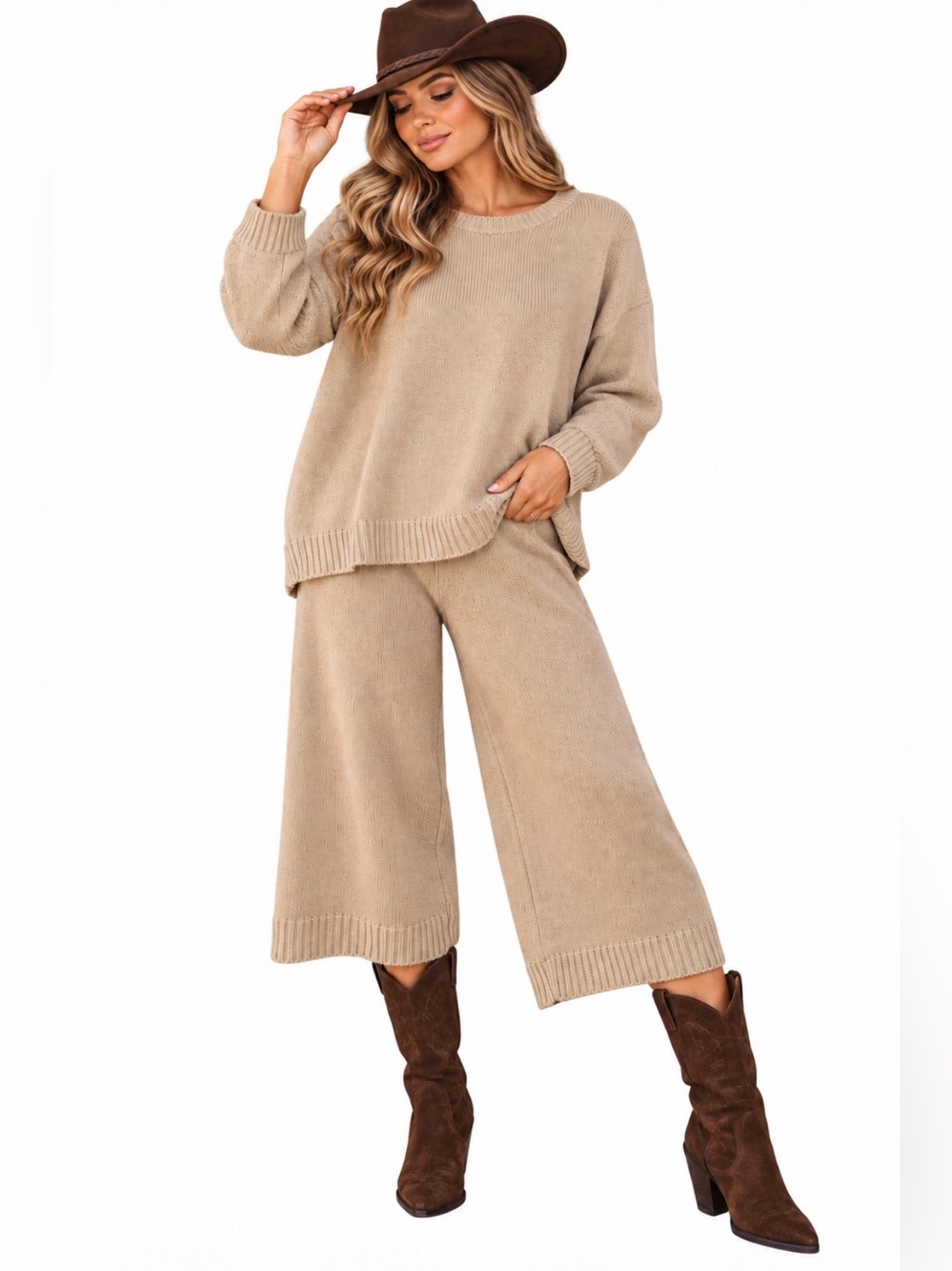 NASTY GAL SOLD AS A SET Cozy Knit Over Sized Sweater With Wide-Leg Pants - Beige